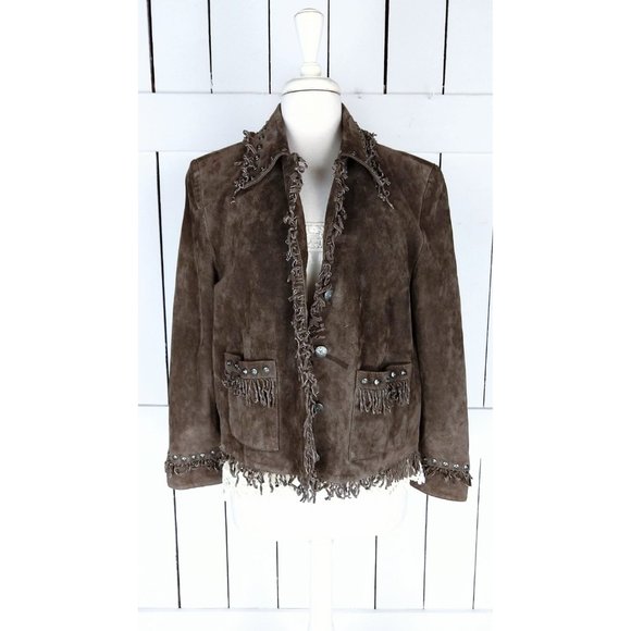 Vintage 90s brown suede leather beaded fringe country western boho jacket - Picture 2 of 8